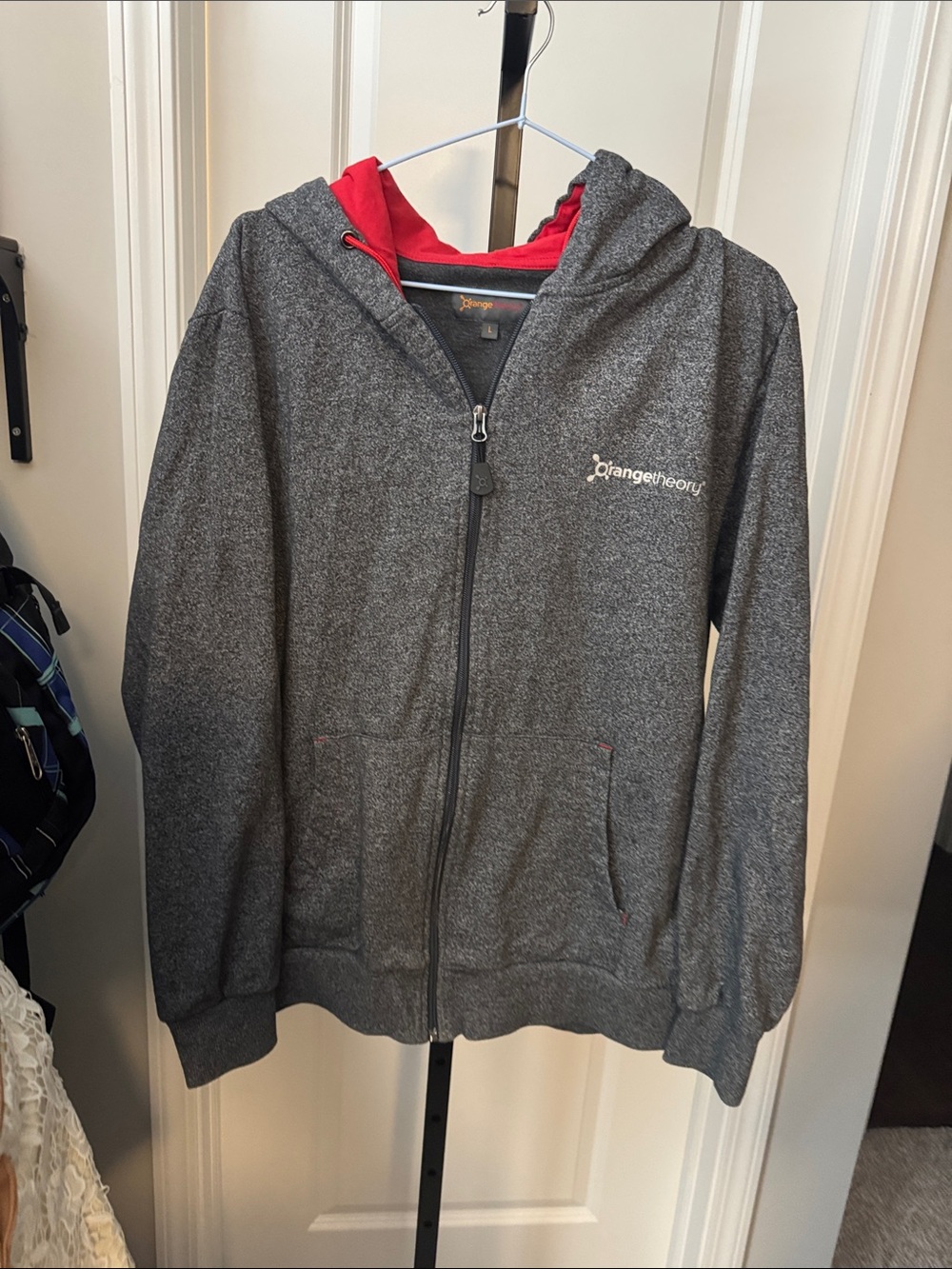 Orangetheory Youth Heather Gray Zip Hoodie with Red Hood Lining